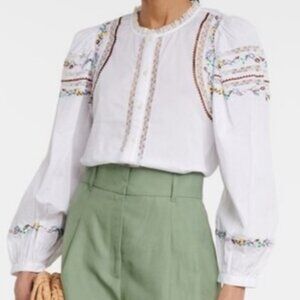 Sz S Dorothee Schumacher White Embroidered Summer Feeling Long Sleeve Blouse